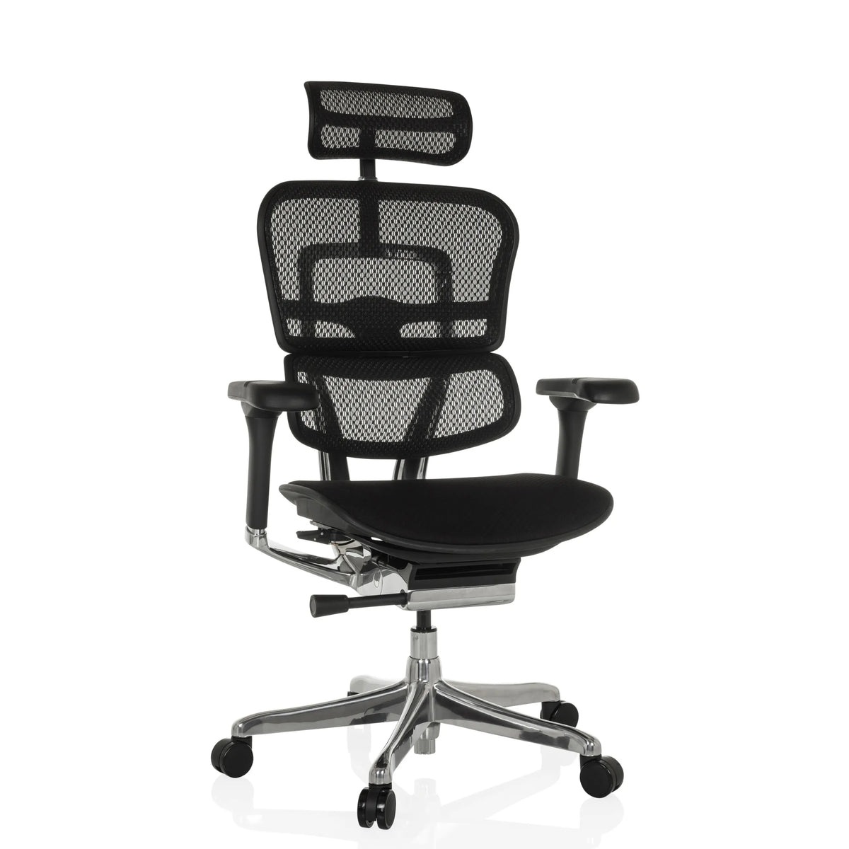Siège de direction de luxe ERGOHUMAN GEN2 noir avec dossier en maille et base à cinq roulettes de hjh OFFICE – vue à 360° (vue de face 15°)