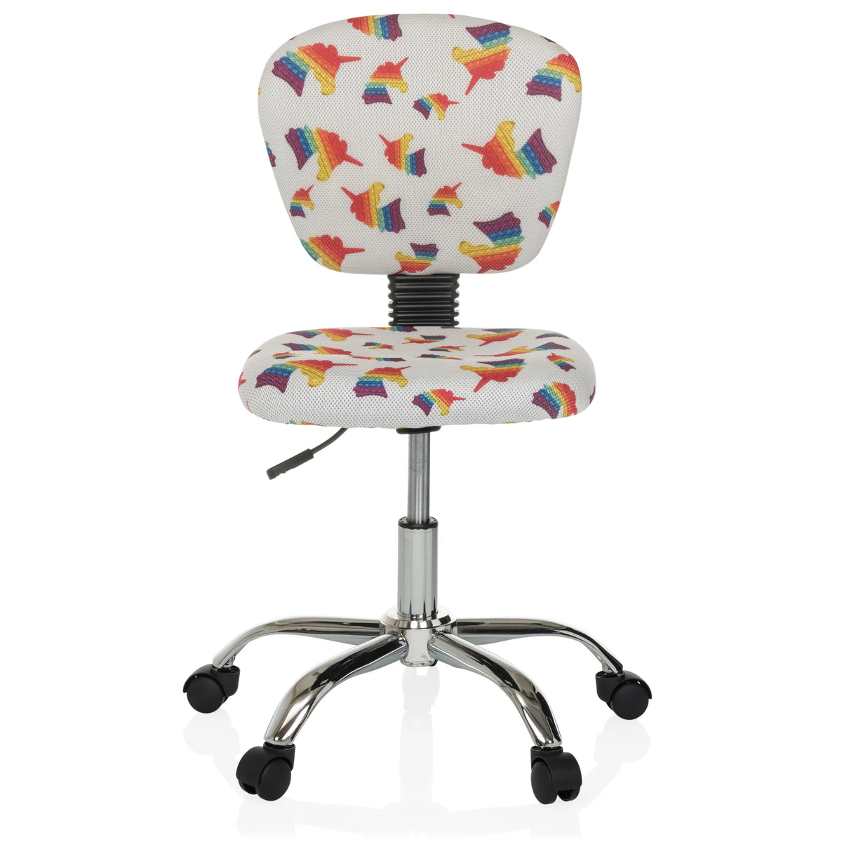 Chaise pivotante pour des enfants KID BUBBLE avec motif arc-en-ciel coloré et base à cinq roulettes de hjh OFFICE – vue à 360° (vue de face 0°)