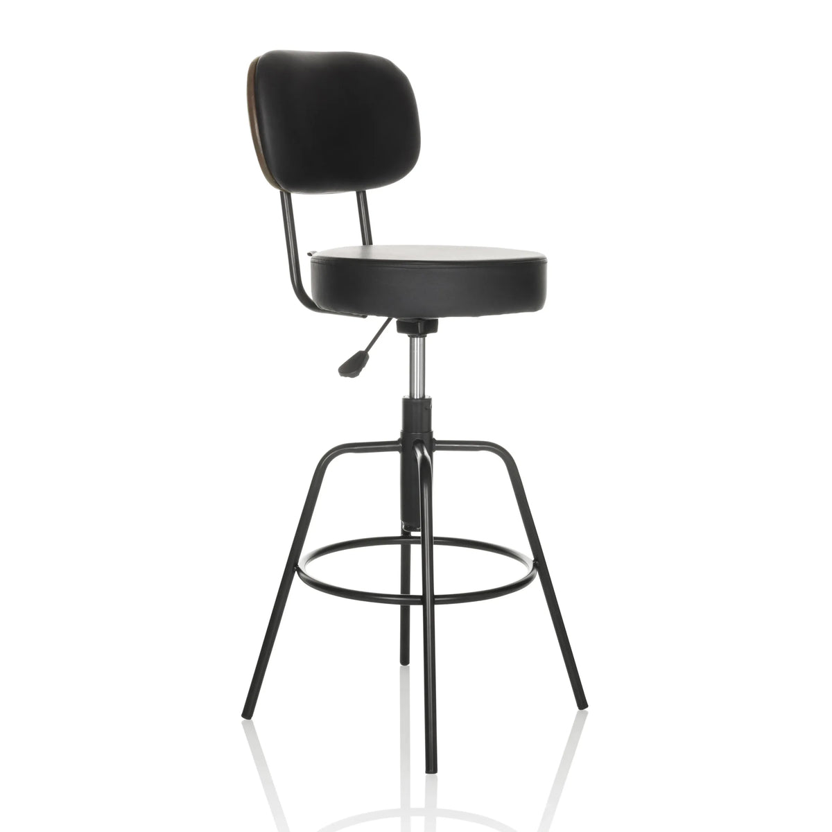 Tabouret de bar noir DISC HIGH avec dossier et repose-pieds rond de hjh OFFICE – vue à 360° (vue de trois quarts avant 45°)