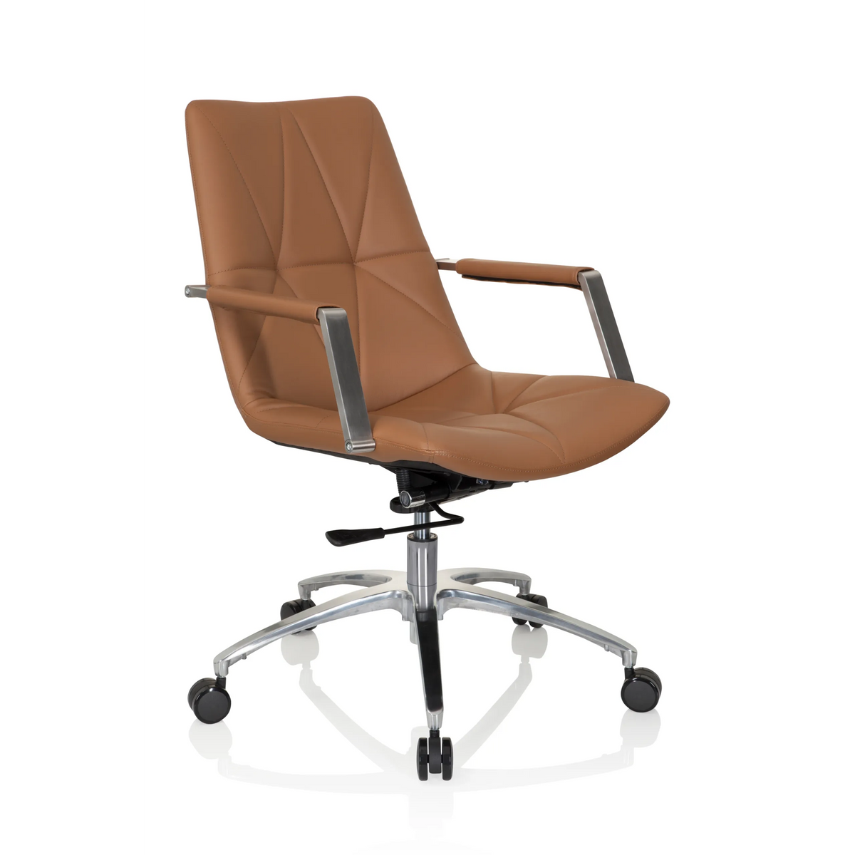 Siège de bureau à domicile SARANTO II couleur camel avec surpiqûres et base à cinq roulettes de hjh OFFICE – vue à 360° (vue de trois quarts avant 40°)