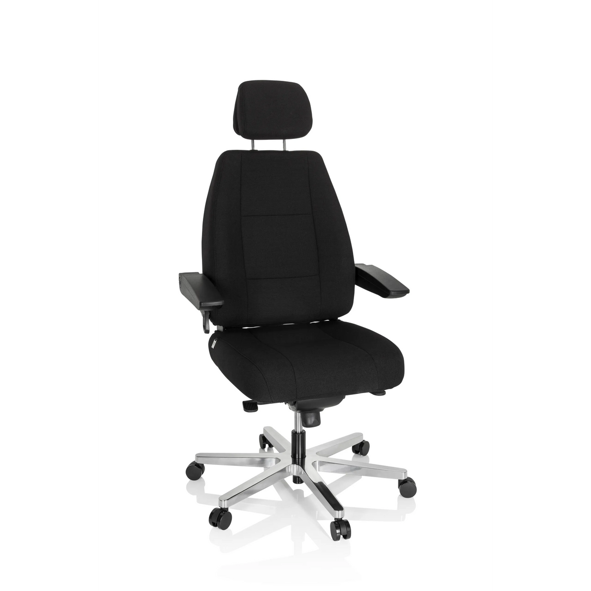 Siège pivotant XXL 24 HOURS I noir avec appuie-tête et étoile à cinq roulettes de hjh OFFICE – vue à 360° (vue de face 20°)