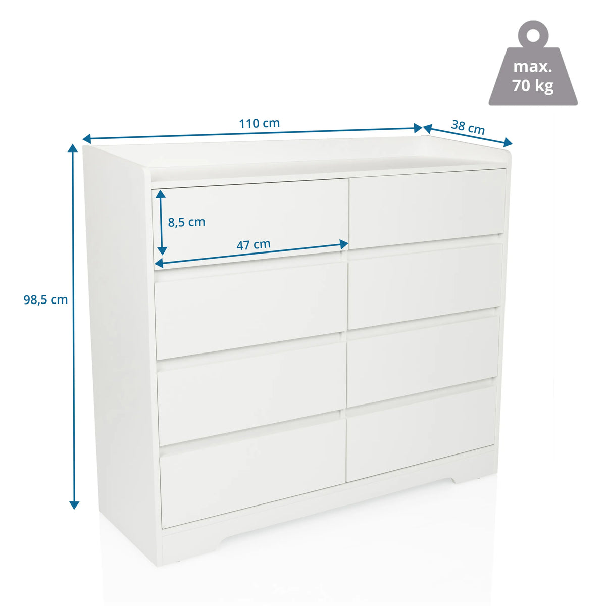 Dessin coté de la Commode OSOYRO avec 110 × 98,5 cm et une capacité de charge de 70 kg de hjh LIVING