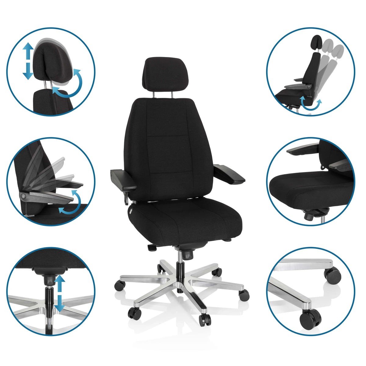 Siège pivotant XXL 24 HOURS I en noir avec différentes possibilités de réglage de hjh OFFICE