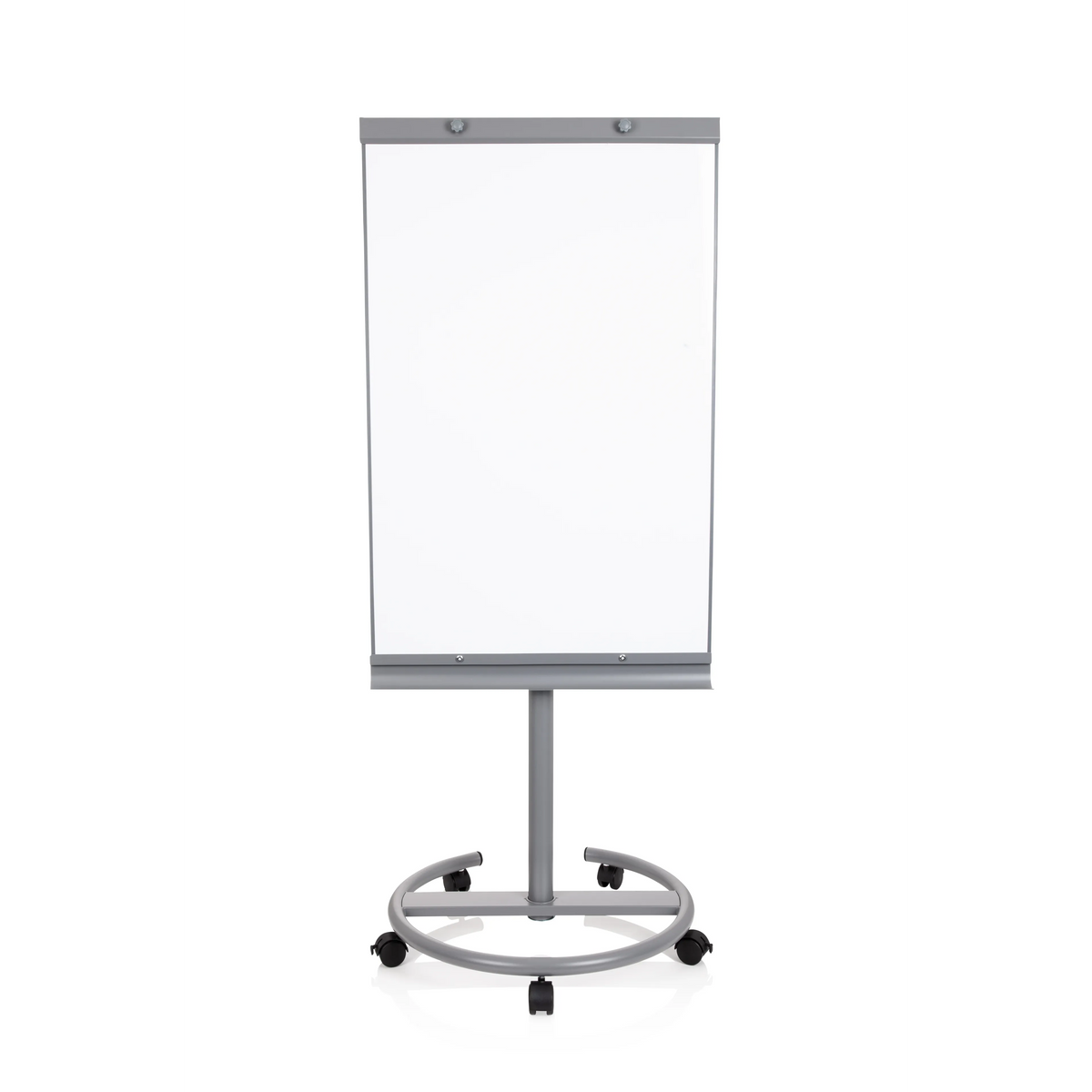 Silbernes Whiteboard MULTIBOARD auf einem fahrbaren Standfuß mit Rollen von hjh OFFICE – 360-Grad-Ansicht (Frontansicht 0°)
