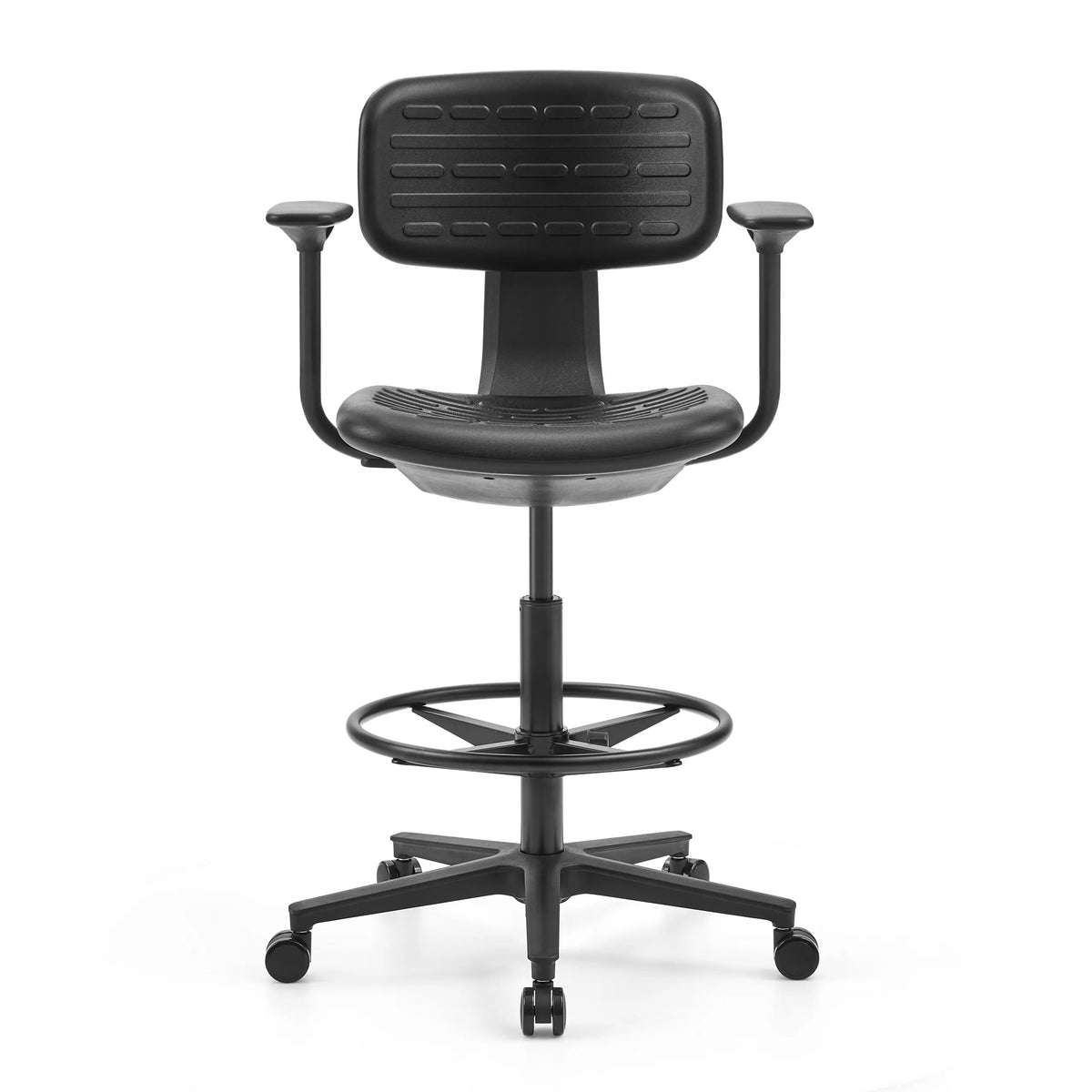 Chaise de comptoir noire TOP WORK B1 avec repose-pieds et piètement à cinq roulettes de hjh OFFICE – vue à 360° (vue de face 0°)