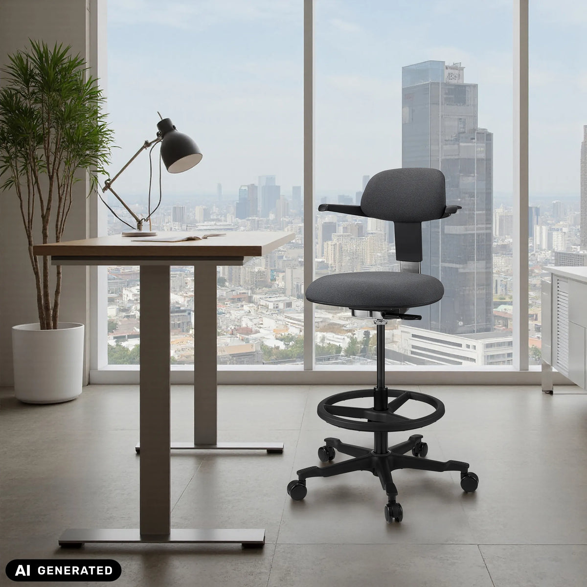 Chaise de travail TOP WORK 40 gris foncé avec repose-pieds et roulettes devant une fenêtre de hjh OFFICE (image générée par IA)