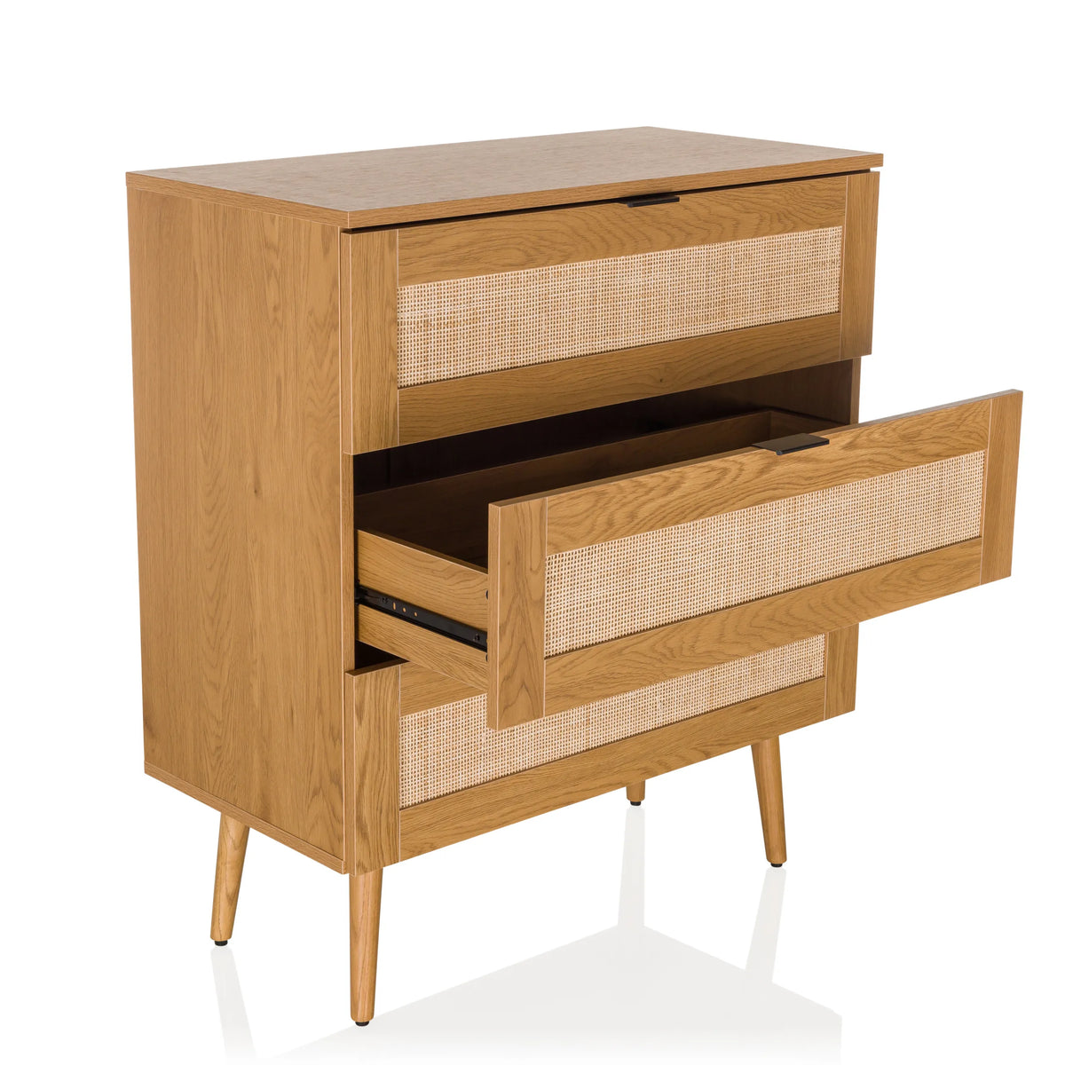 Commode BOHEO K en chêne avec un tiroir ouvert et des façades en vannerie de hjh LIVING
