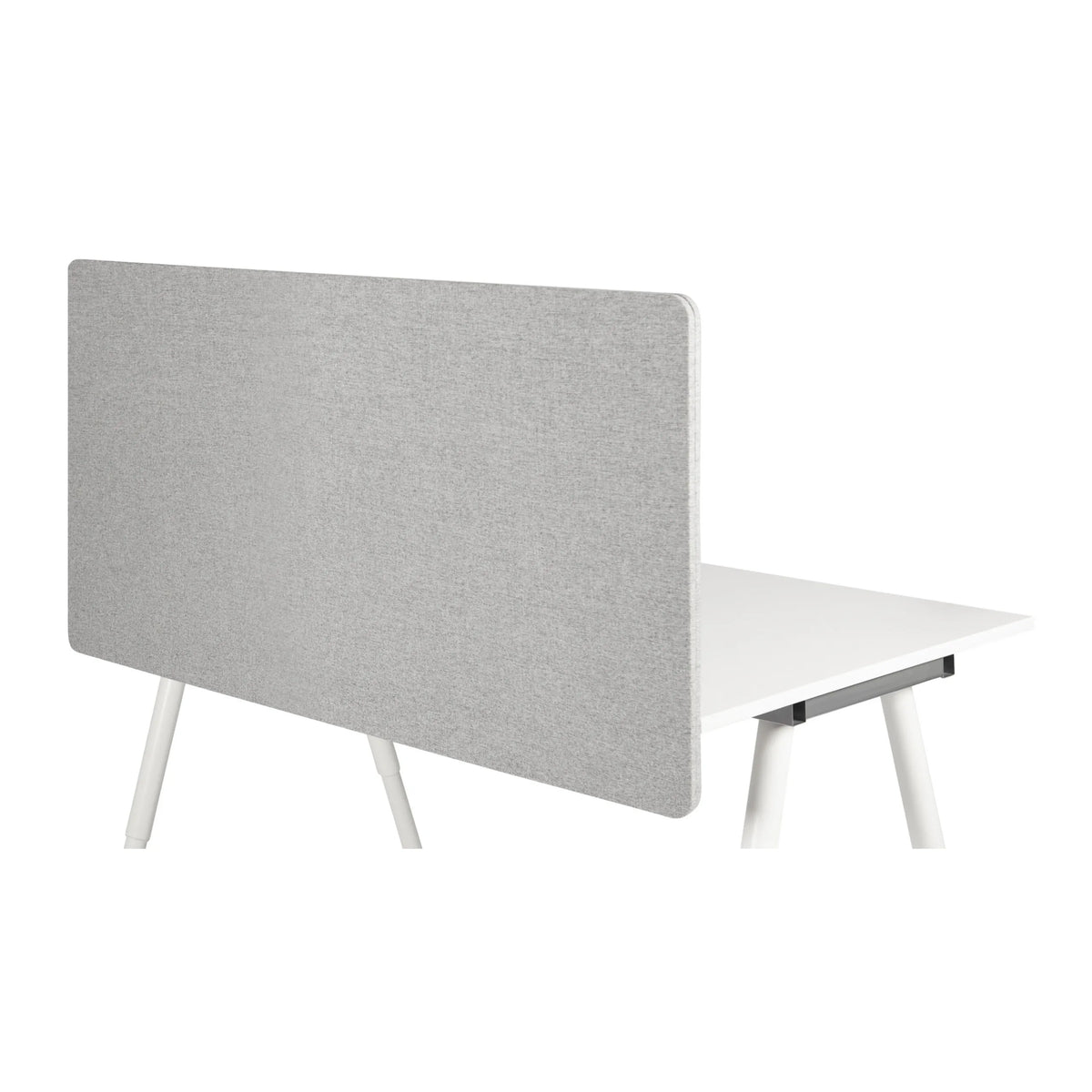 Cloison de table FLEXMIUT D 120 gris clair chiné sur un bureau blanc de hjh OFFICE – vue à 360° (vue arrière 180°)