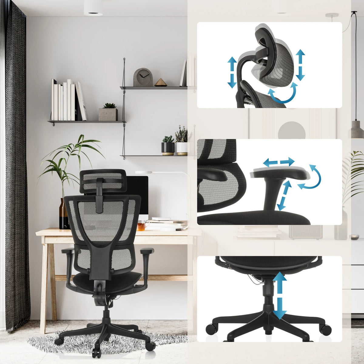 Verstellbare Kopfstütze, Armlehnen und Sitzhöhe des Luxus-Chefsessels ERGOHUMAN SLIM ECO F GEN2 in Schwarz von hjh OFFICE