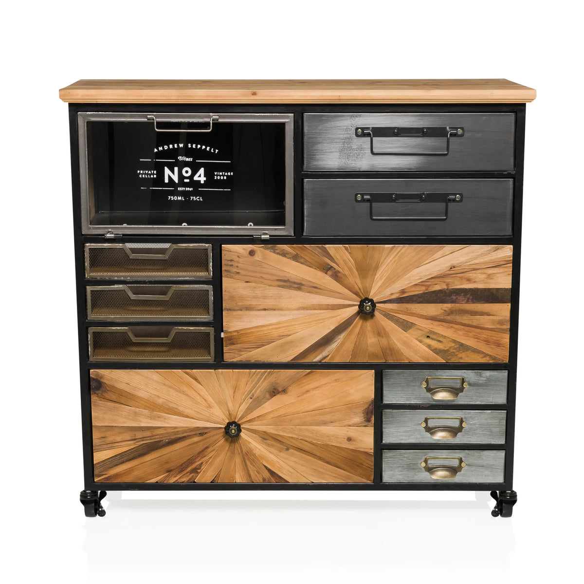 Buffet CONTINENTO XL en bois et métal avec différents tiroirs et une façade en verre de hjh LIVING