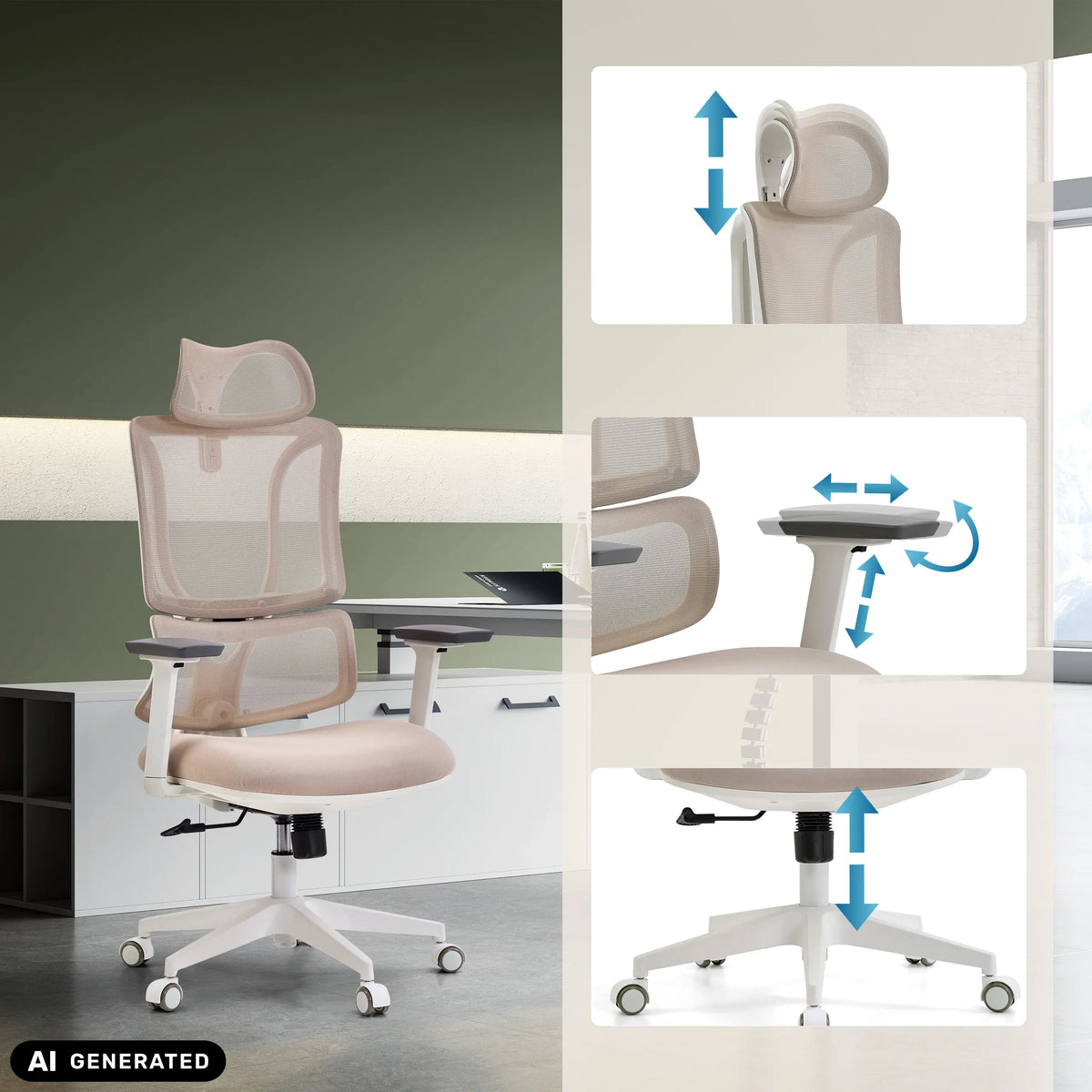 Appuie-tête, accoudoirs et hauteur d'assise réglables du siège de bureau de qualité professionnelle ERGOMY W beige de MyBuero (image générée par IA)