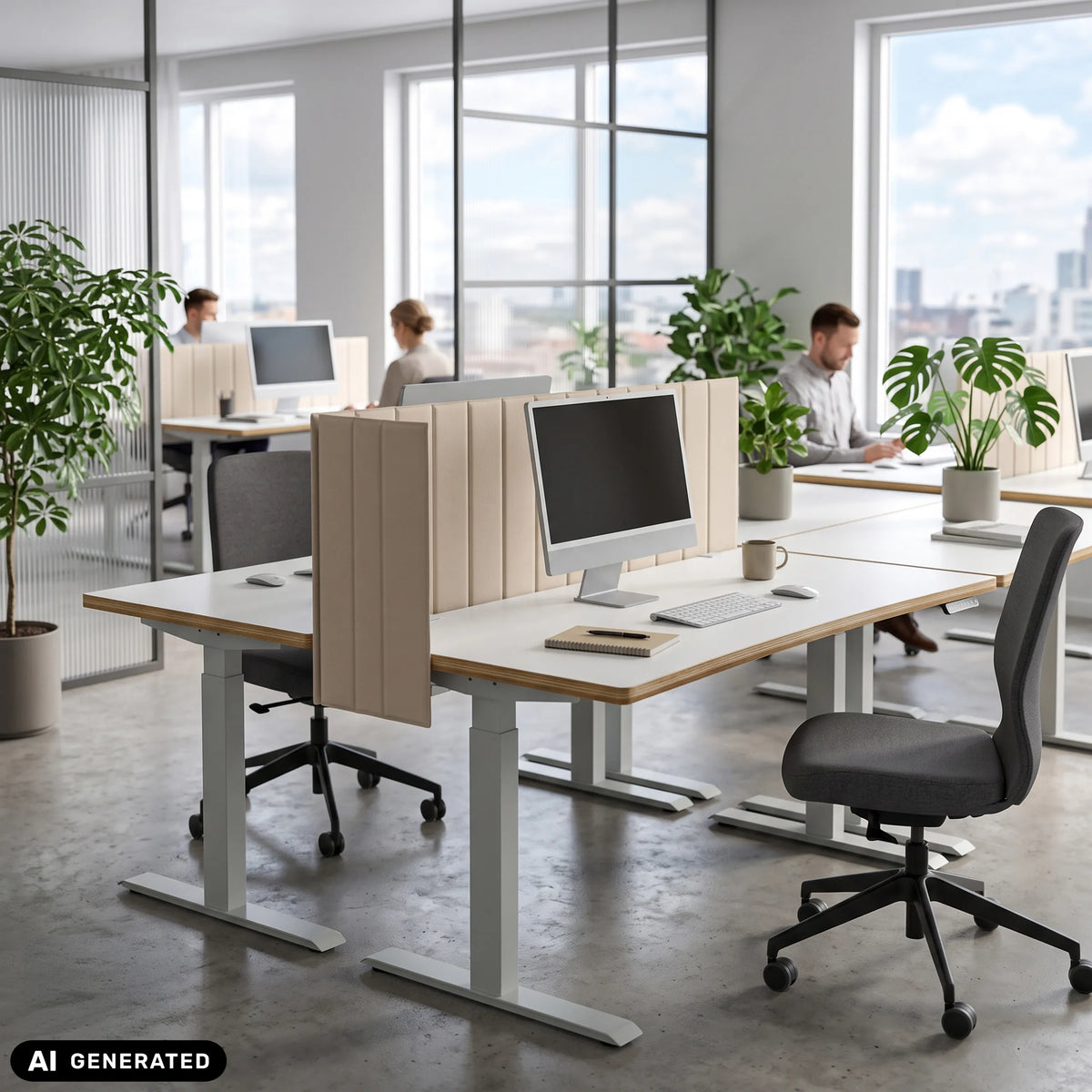 Cloisons de table FLEXMIUT ROLL beiges d'une largeur de 160 cm sur un bureau blanc de hjh OFFICE