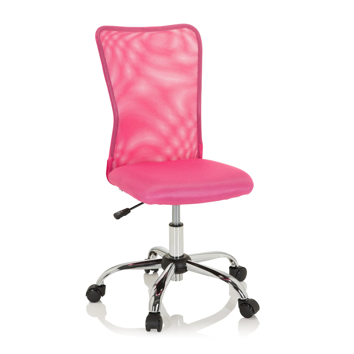 Chaise pivotante pour des enfants KIDDY NET I rose avec dossier en maille et base à cinq roulettes de hjh OFFICE – vue à 360° (vue de face 20°)