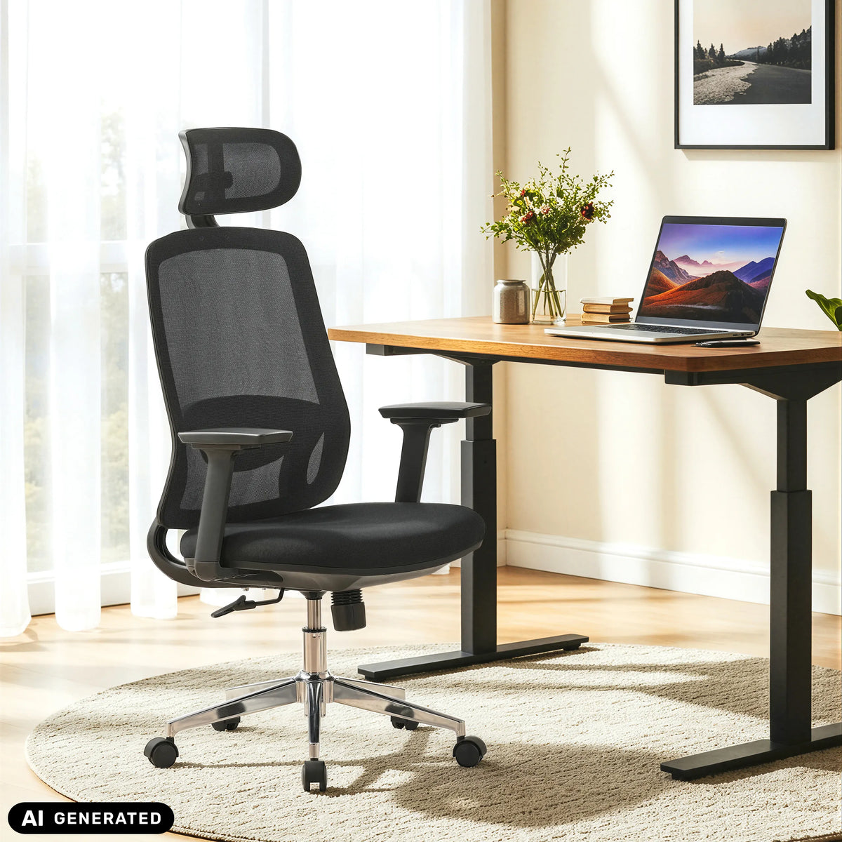 Siège de bureau de qualité professionnelle Ergosento noir avec appui-tête à un bureau de hjh OFFICE (image générée par IA)