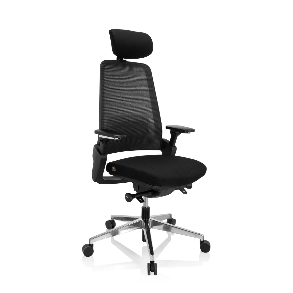 Siège de bureau de qualité professionnelle BRACIO noir, dossier maille, appui-tête et base à roulettes de hjh OFFICE – vue à 360° (vue de trois quarts avant 40°)