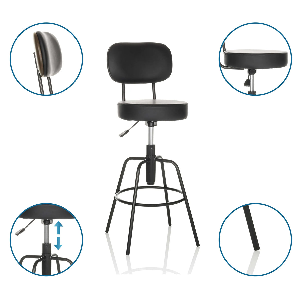Tabouret de bar DISC HIGH noir avec dossier, réglage de la hauteur par vérin à gaz et repose-pieds circulaire de hjh OFFICE