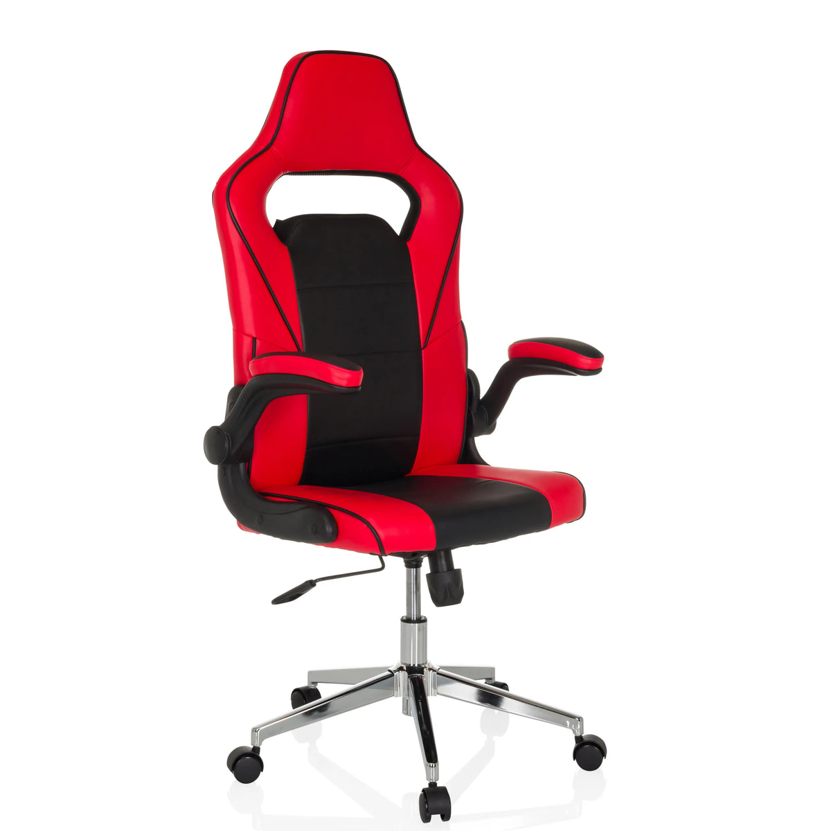 Fauteuil Gamer GAME SPORT PRO rouge et noir avec accoudoirs et base à cinq roulettes de MyBuero – vue à 360° (vue de trois quarts avant 30°)