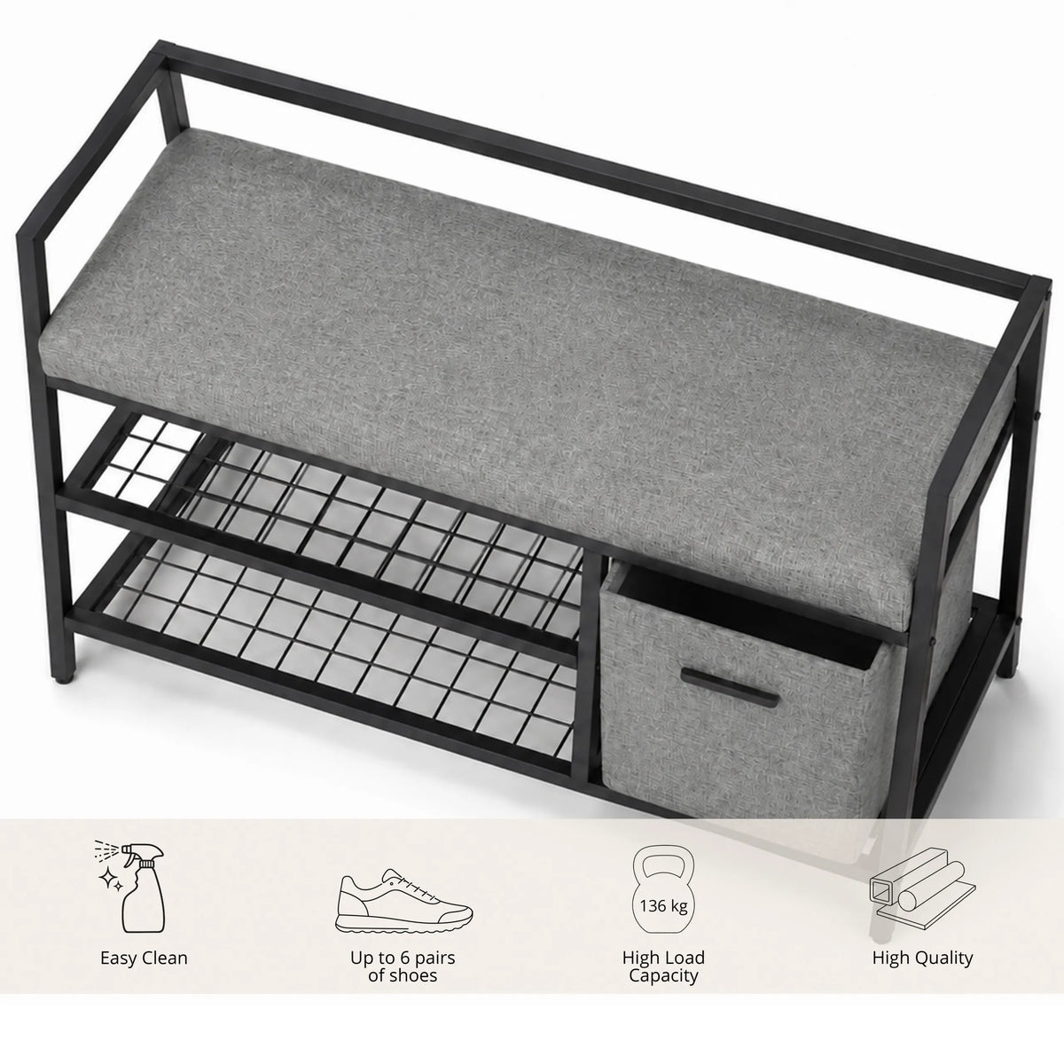 Armoire à chaussures Estha Loft en noir-gris avec assise rembourrée, fond grillagé et un panier en tissu de hjh LIVING