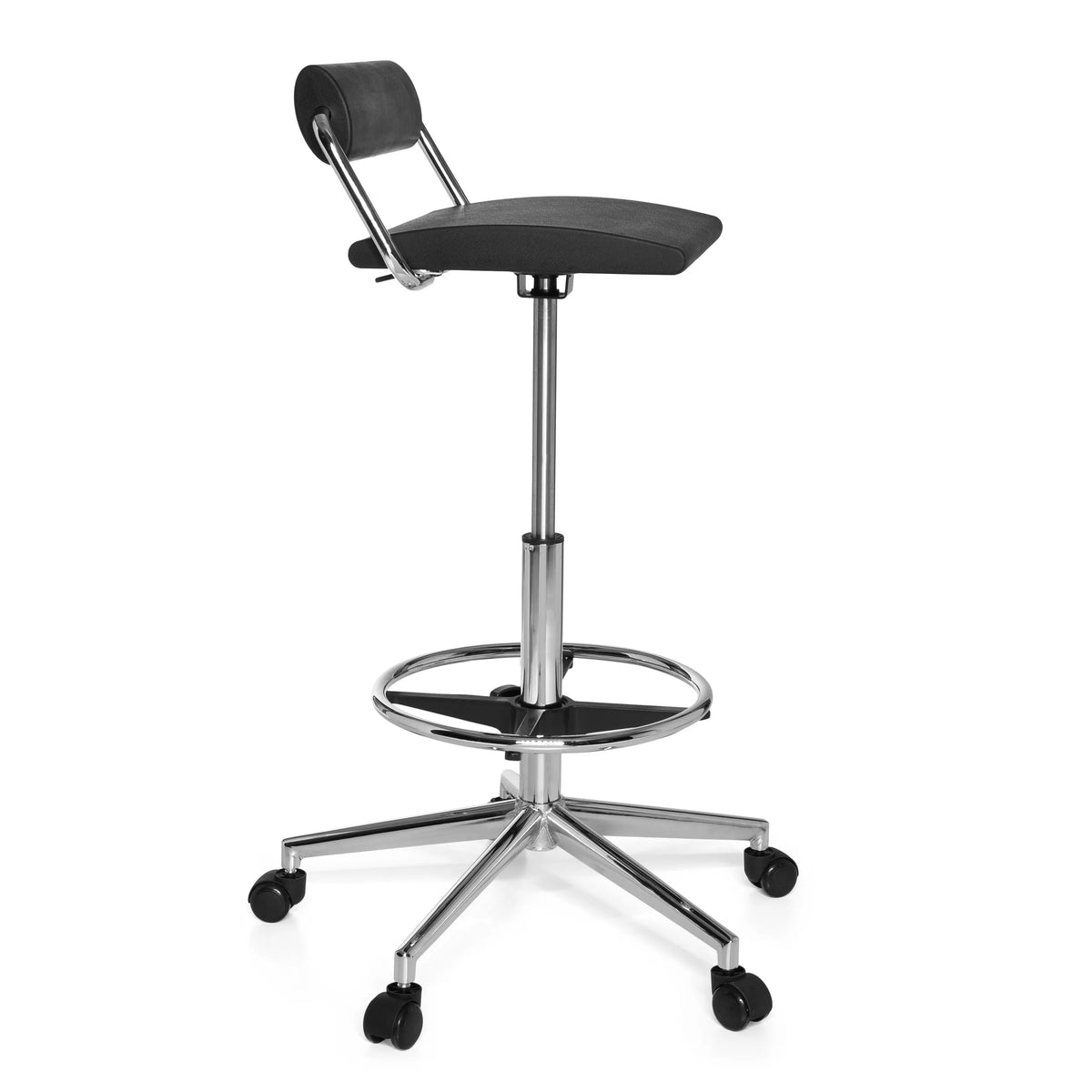 Tabouret pivotant noir TOP WORK 28 avec repose-pieds et piètement à cinq roulettes de hjh OFFICE – vue à 360° (vue de profil 80°)