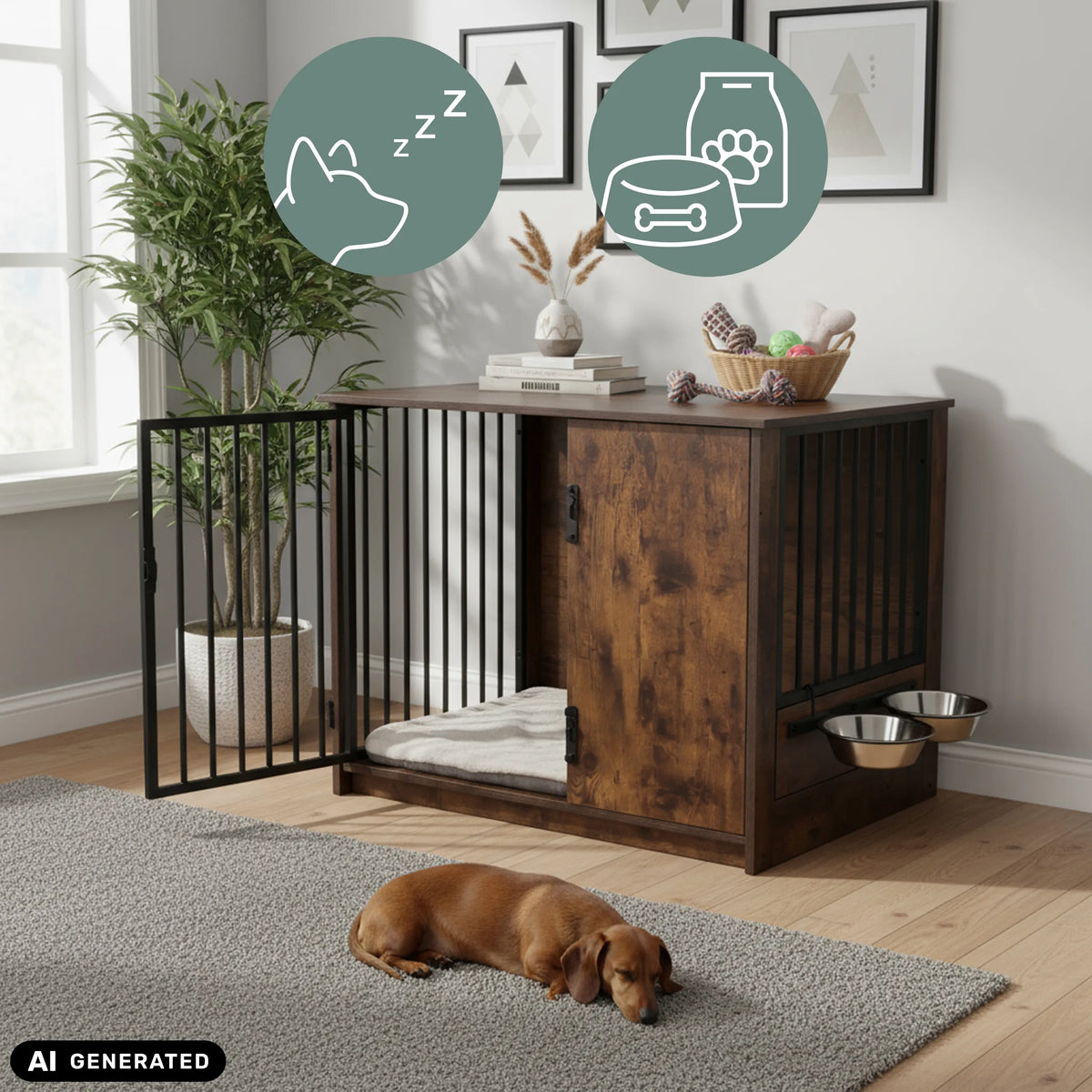 Niche pour chien PAWHOME S marron avec gamelles intégrées et porte grillagée de hjh LIVING (image générée par IA)