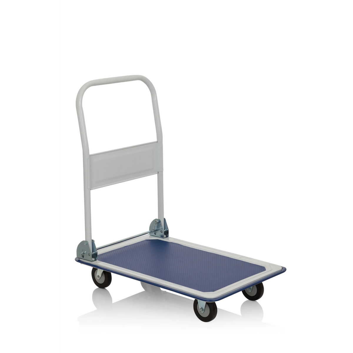 Chariot à plateforme CARRY bleu et blanc avec poignée pliable et quatre roulettes de hjh OFFICE – vue à 360° (vue de face 20°)
