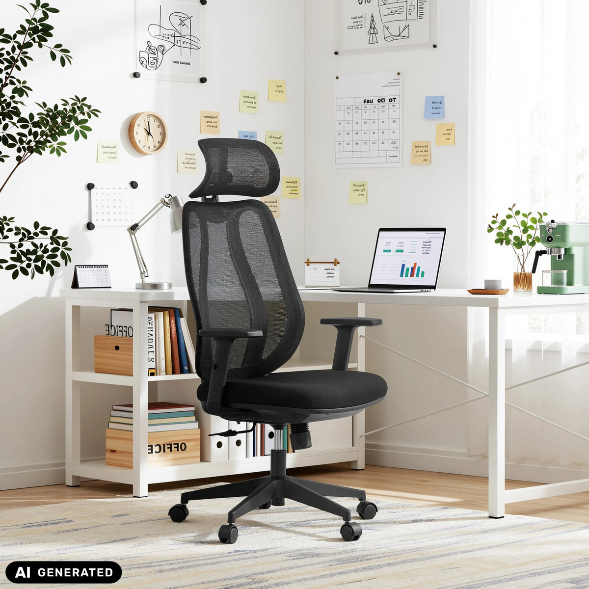 Siège de bureau de qualité professionnelle Filaro noir avec dossier en maille à un bureau blanc de hjh OFFICE (image générée par IA)