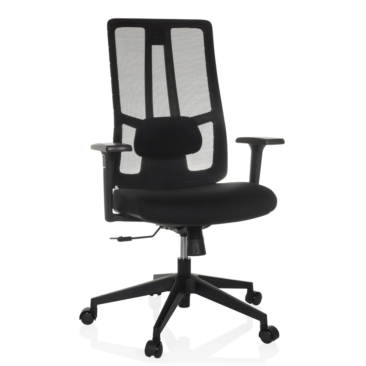 Siège de bureau de qualité professionnelle TRAMORE BASE noir avec dossier en maille et pied à cinq roulettes de hjh OFFICE – vue à 360° (vue de face 15°)