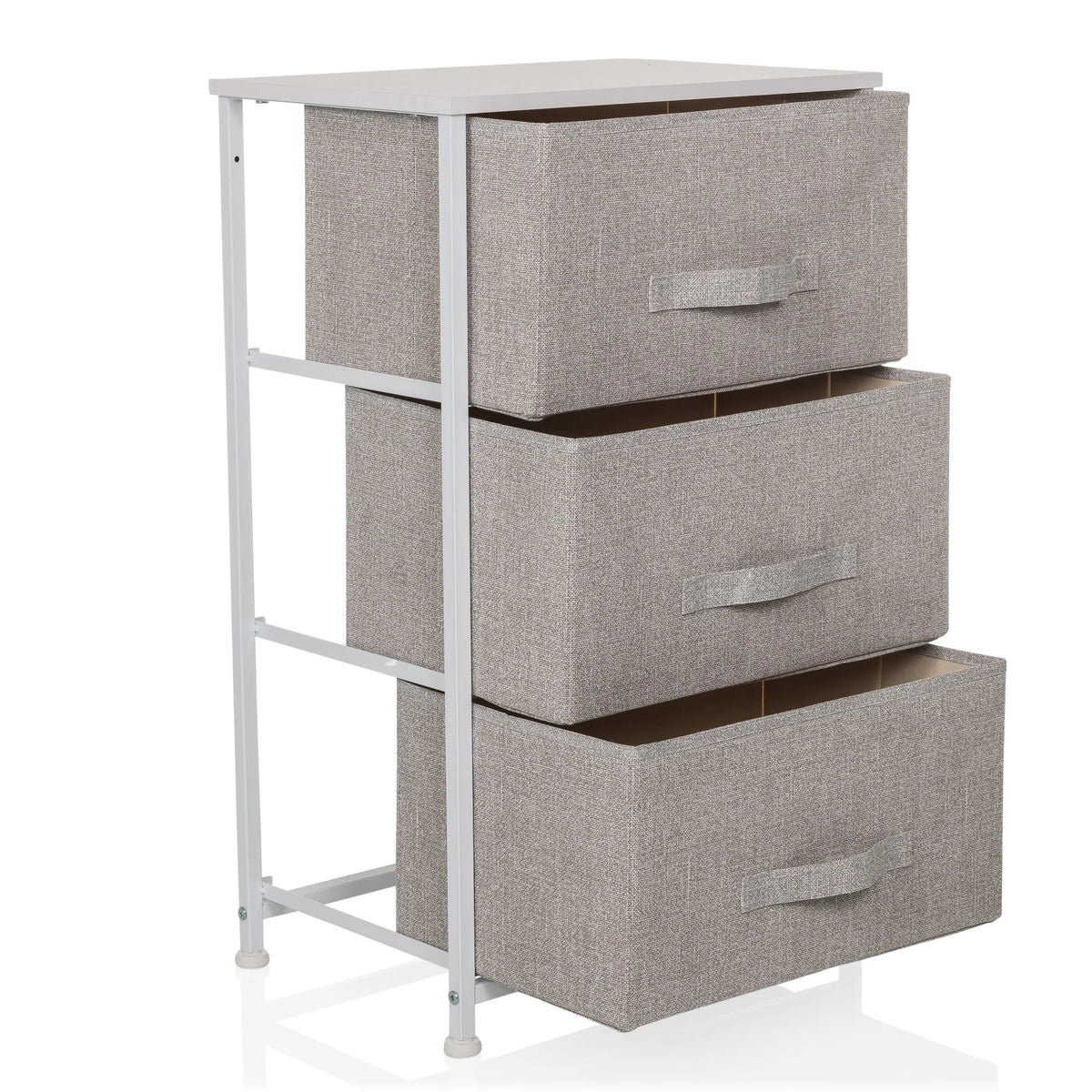 Commode grise FOLDRESS M avec trois tiroirs en tissu et structure en métal blanc de hjh LIVING