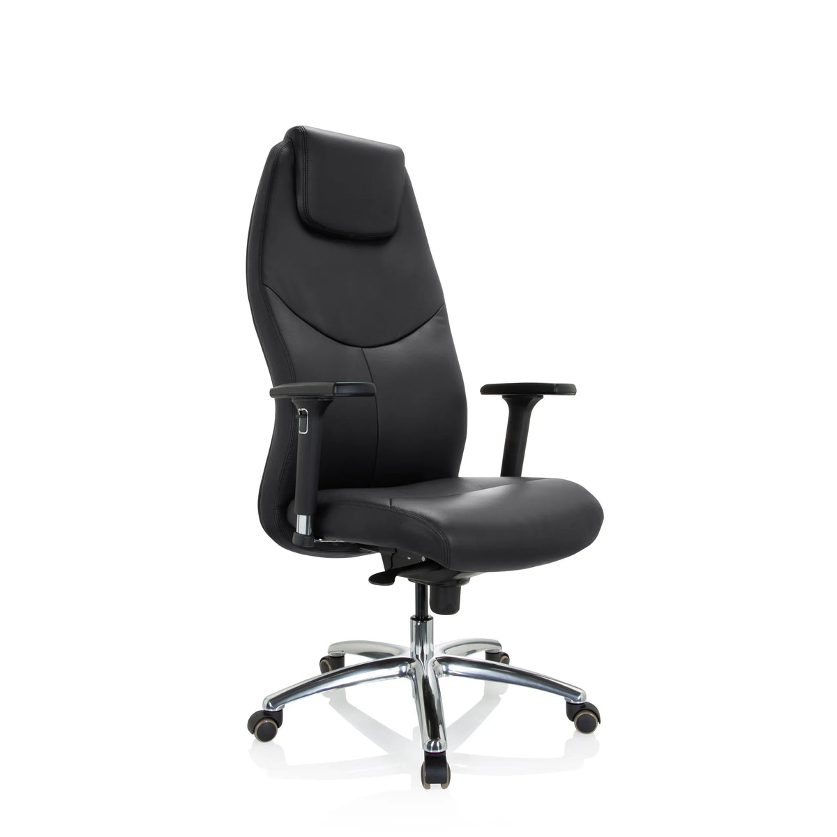 Siège de direction de qualité professionnelle FERRARA noir avec appui-tête intégré et base à cinq roulettes de hjh OFFICE – vue à 360° (vue de trois quarts avant 40°)