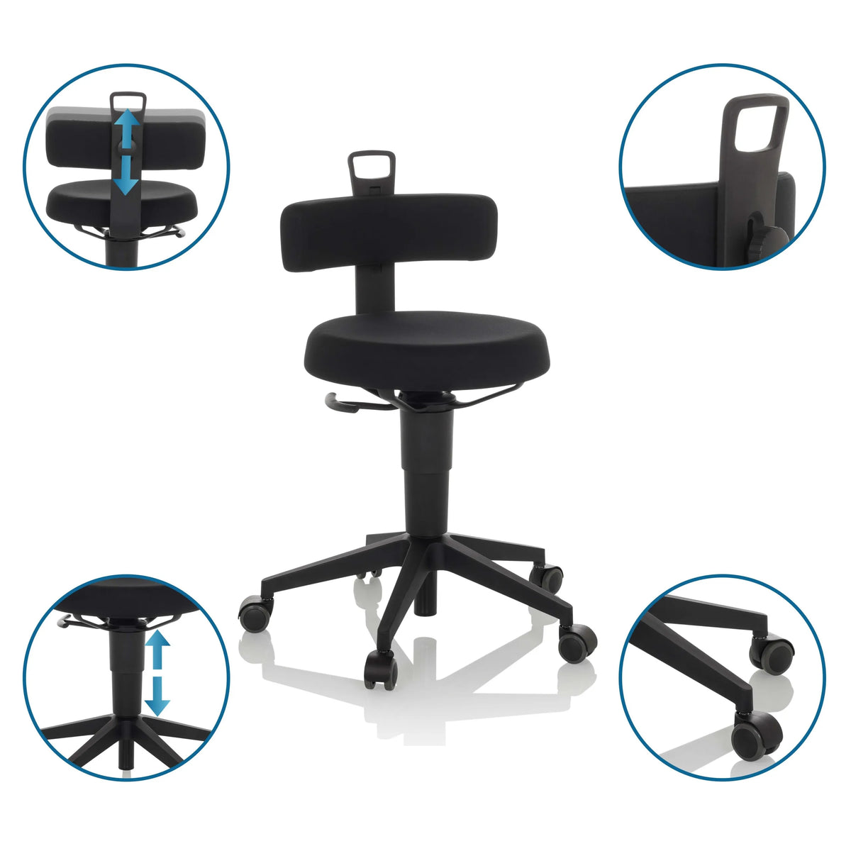 Tabouret pivotant TOP WORK FLEX noir avec assise réglable en hauteur, dossier et roulettes de hjh OFFICE