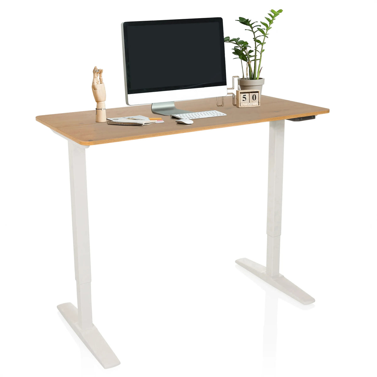 Bureau réglable en hauteur électriquement STAND BASIC en blanc et chêne avec accessoires de hjh OFFICE