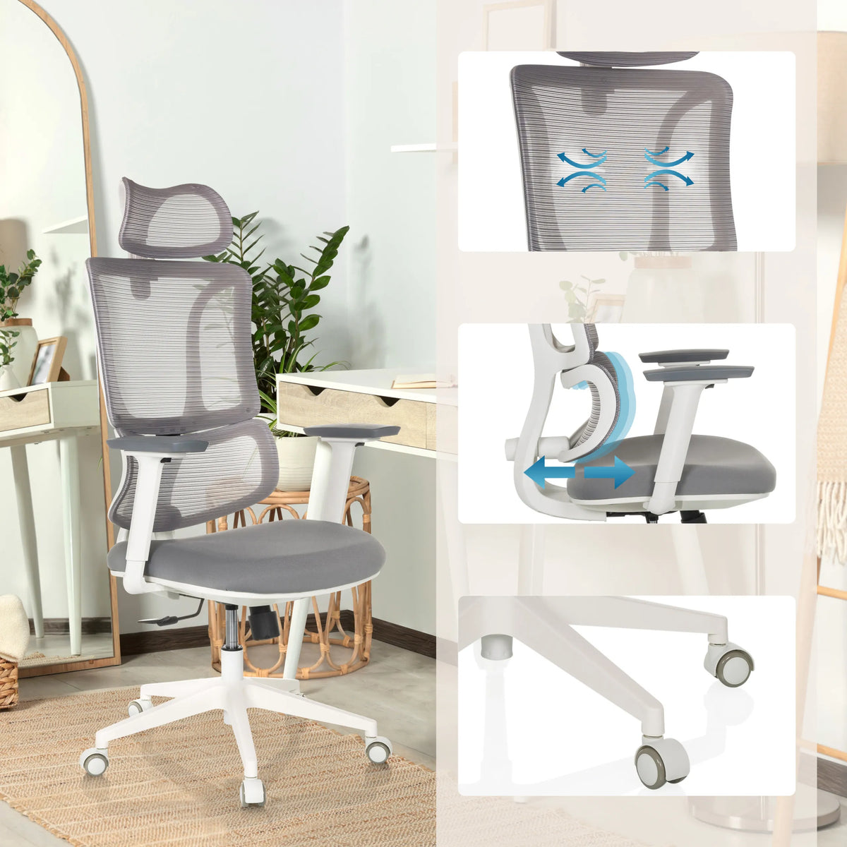 Siège de bureau de qualité professionnelle ERGOMY W en gris et blanc avec dossier en maille, mécanisme réglable et piétement de MyBuero