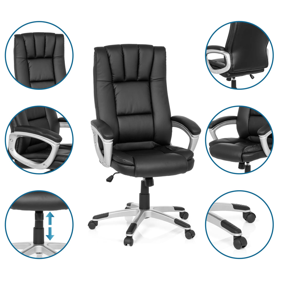 Siège de bureau à domicile RELAX CL150 noir avec vues détaillées du dossier, des accoudoirs et du vérin à gaz de MyBuero