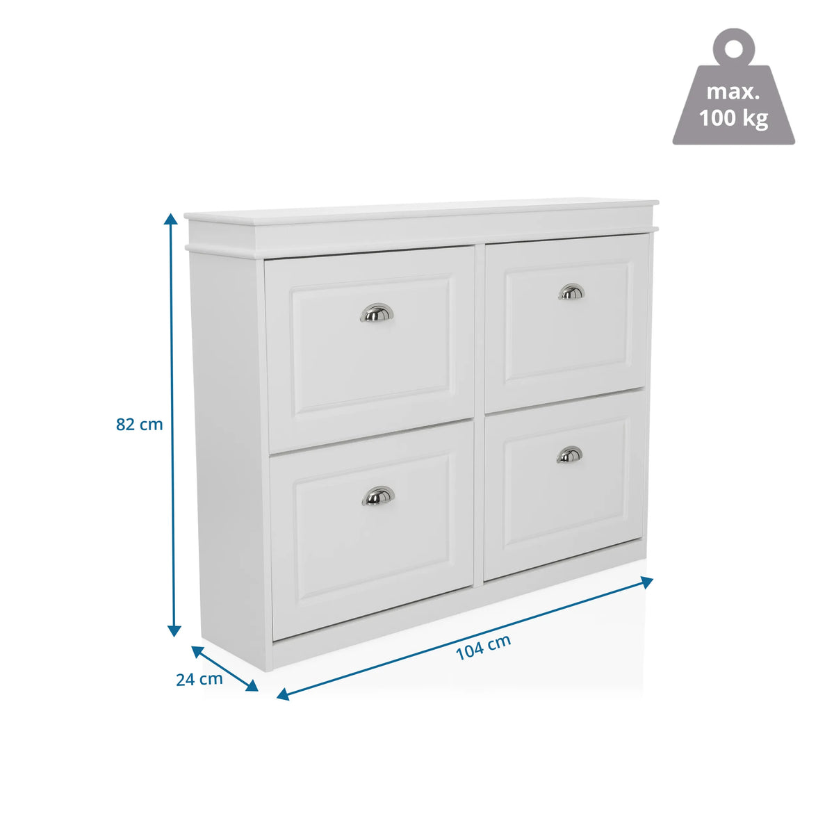 Maßzeichnung des Schuhschranks ESTHA 4 mit 104 × 82 cm und maximal 100 kg Traglast von hjh LIVING