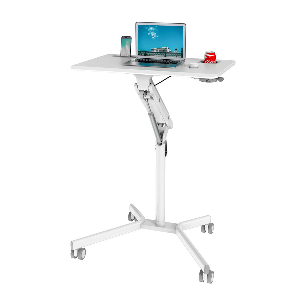 Bureau assis-debout blanc STAND VM-SU I avec châssis réglable en hauteur et quatre roulettes de hjh OFFICE