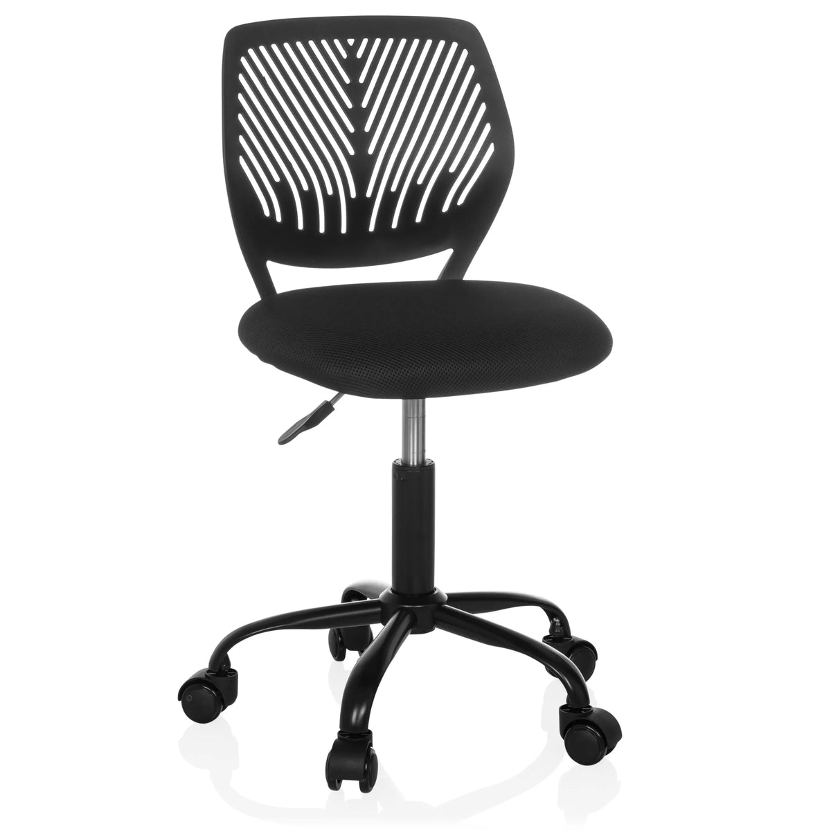 Chaise pivotante pour des enfants KID QB noire avec dossier en maille et base à cinq roulettes de hjh OFFICE – vue à 360° (vue de face 15°)