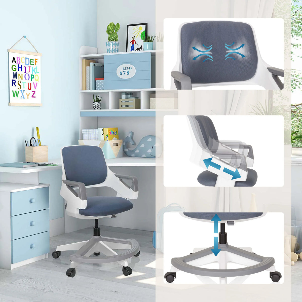 Chaise pivotante pour des enfants KID FLEX en bleu gris avec dossier respirant et réglage de la hauteur de hjh OFFICE