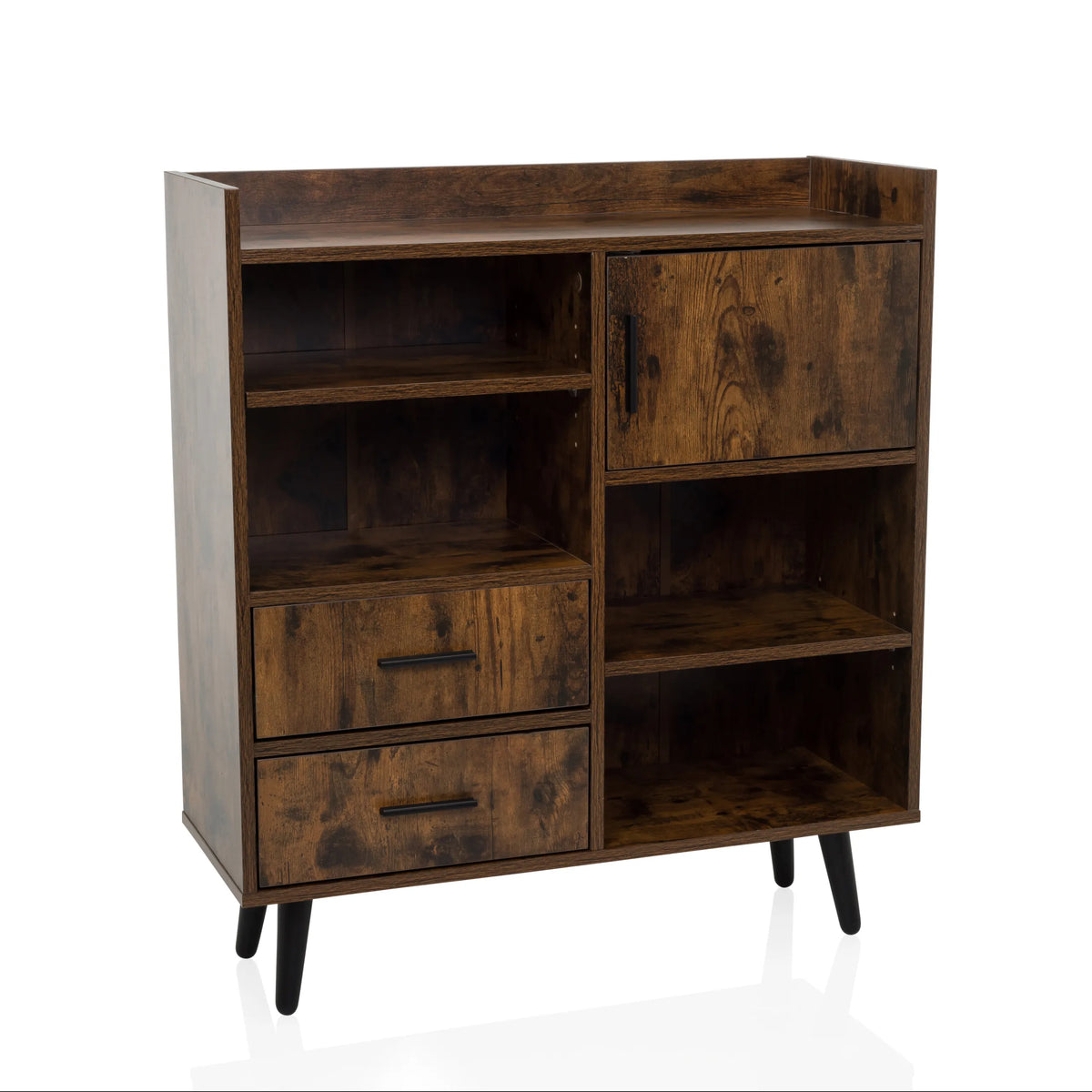 Commode marron MYRDAL avec niches ouvertes, deux tiroirs et pieds noirs de hjh LIVING – vue à 360° (vue de face 15°)