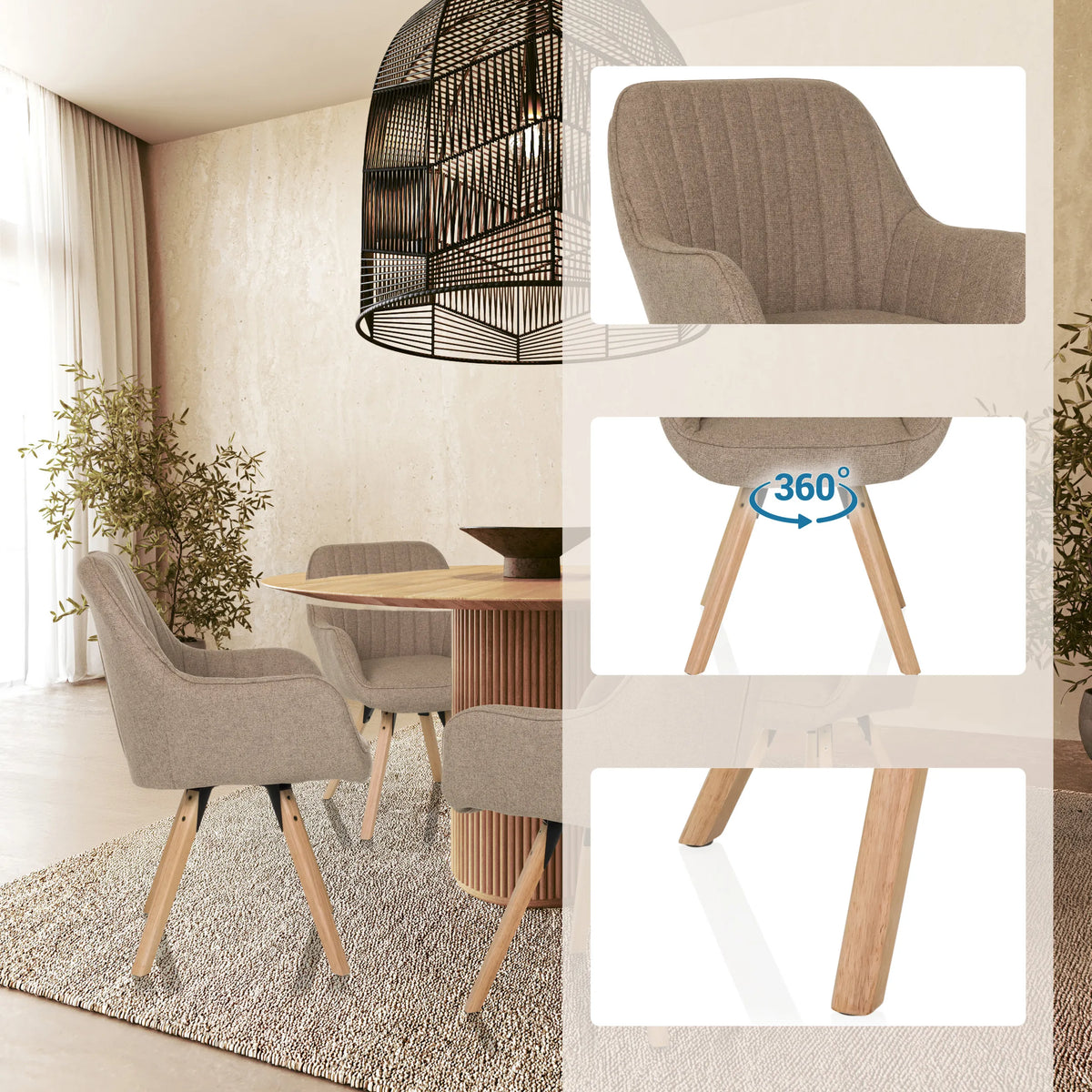 Chaise rembourrée beige SCANDI SOFT avec fonction pivotante à 360 degrés et pieds en bois de hjh LIVING
