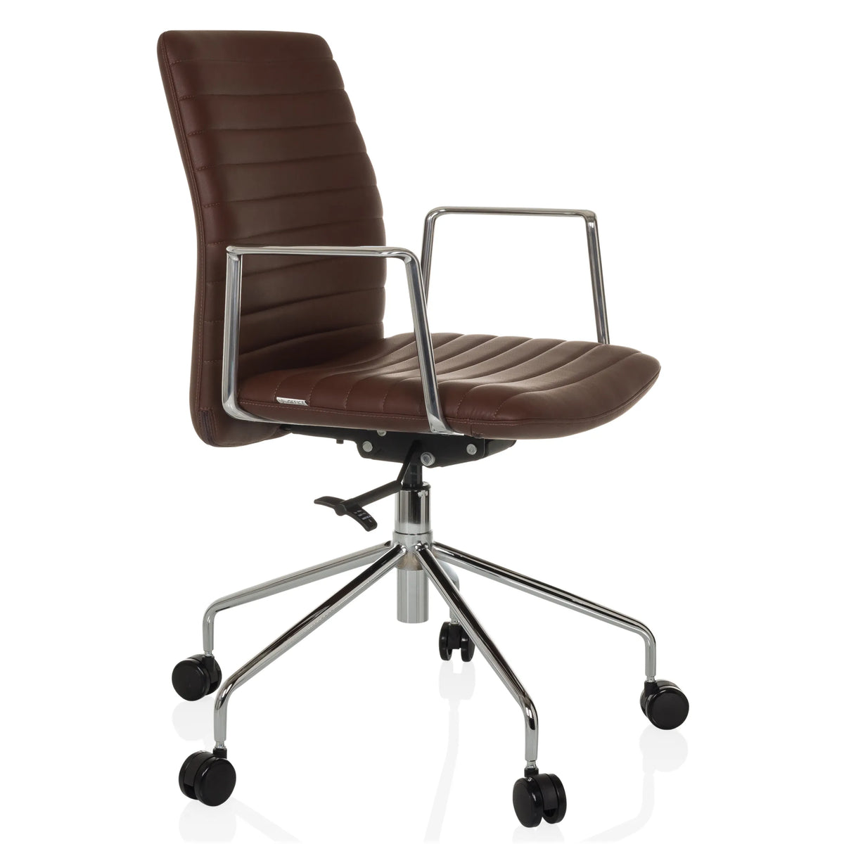 Siège de direction de luxe VEMONA 30 marron avec surpiqûres croisées, accoudoirs et piètement à cinq roulettes de hjh OFFICE – vue à 360° (vue de trois quarts avant 60°)