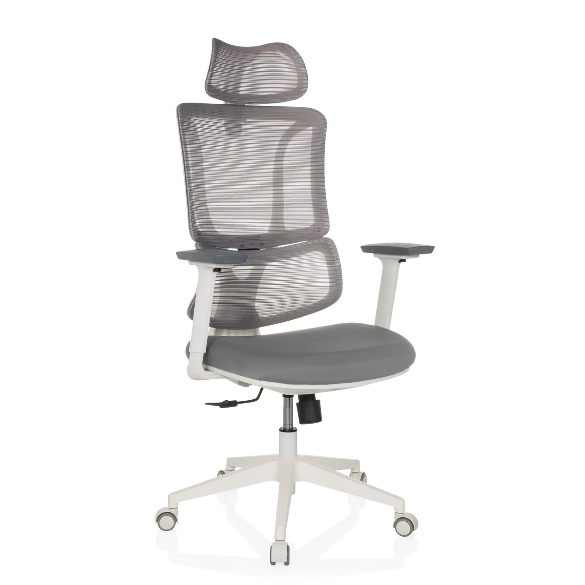 Siège de bureau de qualité professionnelle ERGOMY W gris, dossier maille et piètement blanc à 5 roulettes de MyBuero – vue à 360° (vue de face 15°)