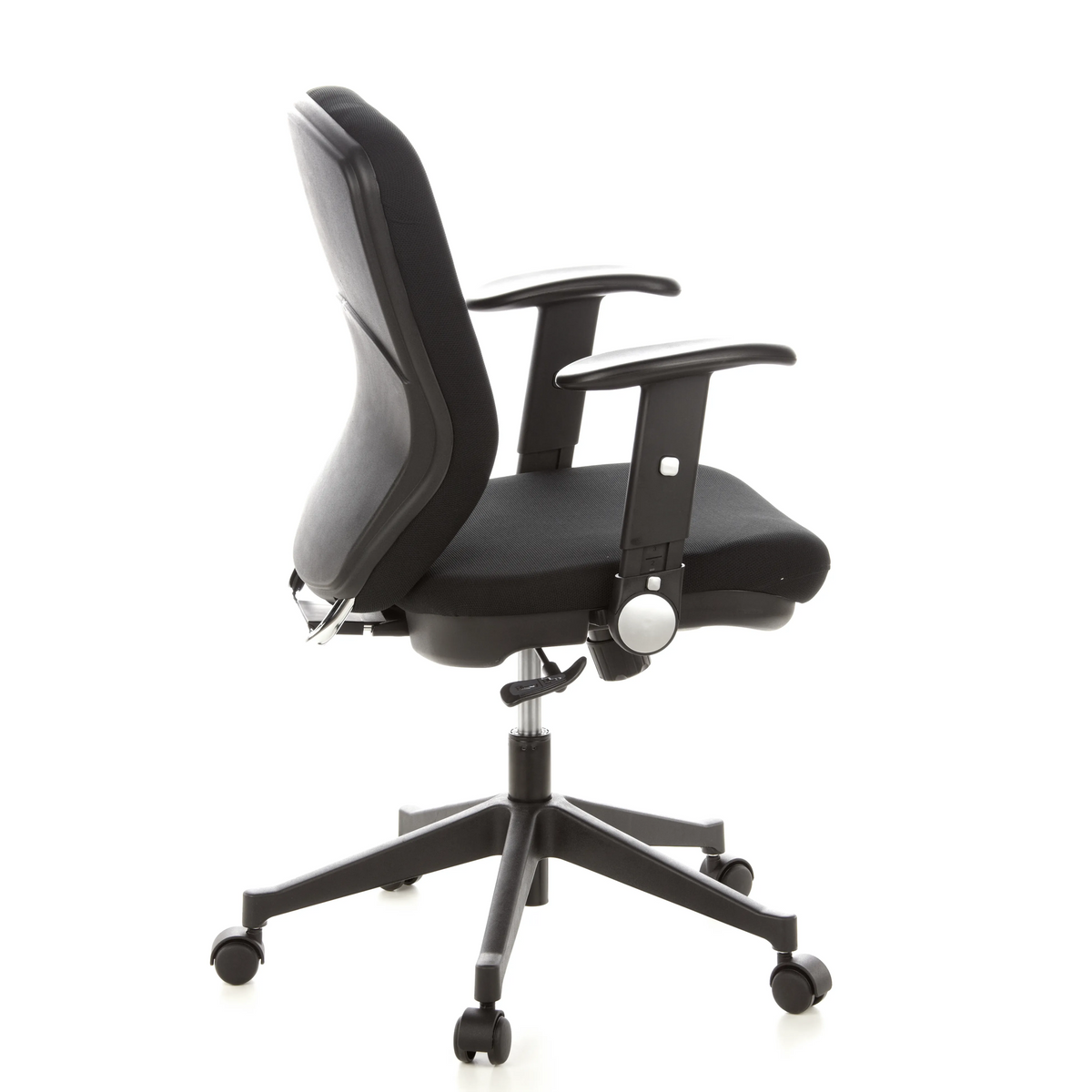 Siège de bureau de qualité professionnelle TRAFFIC 20 noir avec accoudoirs et base à cinq roulettes de hjh OFFICE – vue à 360° (vue de profil 100°)
