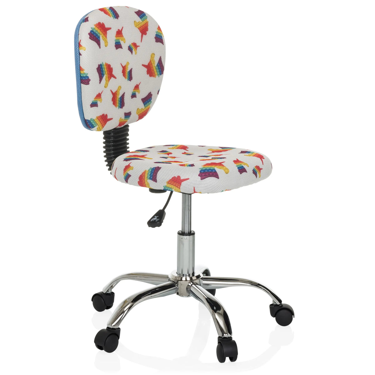 Chaise pivotante pour des enfants KID BUBBLE avec motif arc-en-ciel coloré et base à cinq roulettes de hjh OFFICE – vue à 360° (vue de trois quarts avant 60°)