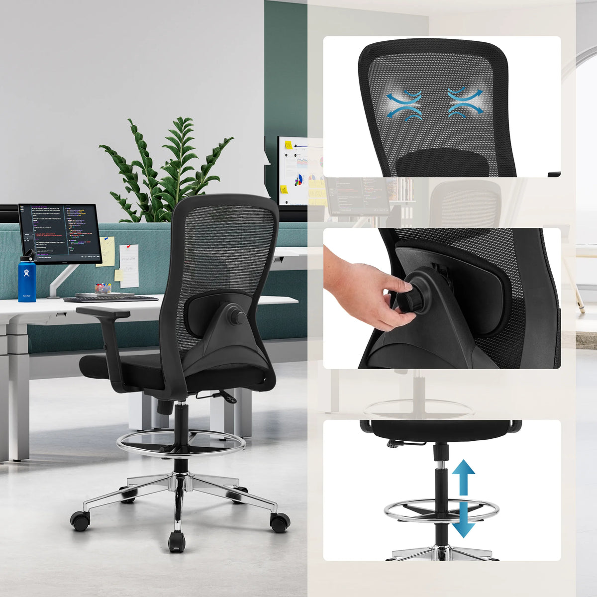Chaise de travail Top Work 44 en noir avec dossier en maille respirante et repose-pieds réglable en hauteur de hjh OFFICE