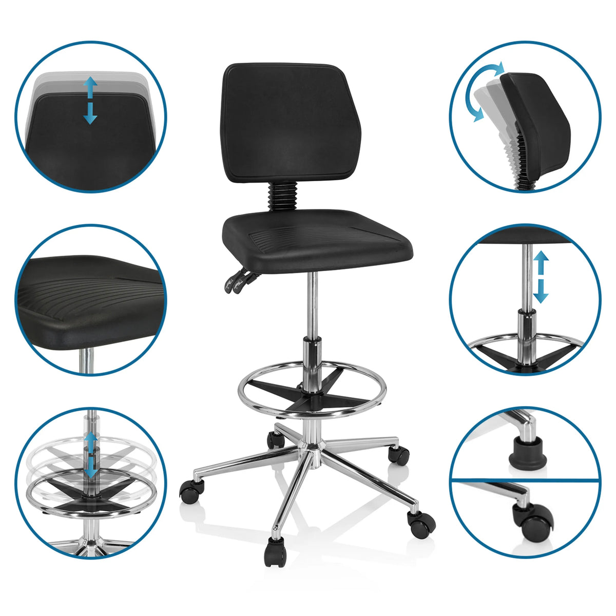Fonctions réglables de la chaise de comptoir TOP WORK 11 I en noir avec repose-pieds et roulettes de hjh OFFICE
