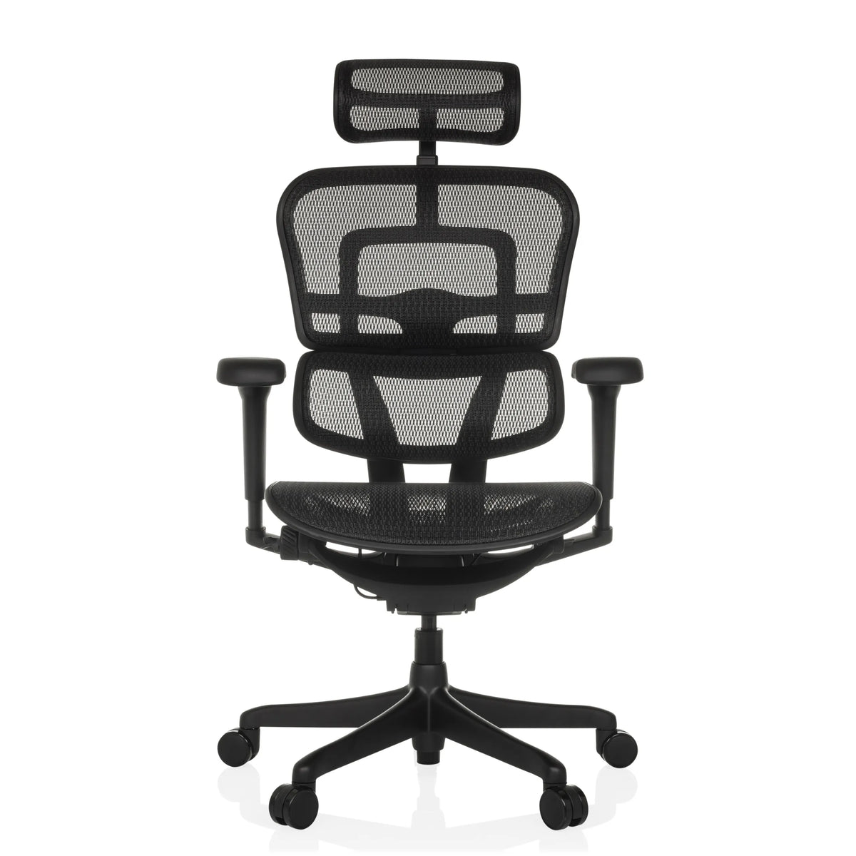 Siège de direction de luxe ERGOHUMAN SIGNATURE GEN2 noir, dossier maille, appui-tête et base 5 roulettes de hjh OFFICE – vue à 360° (vue de face 0°)