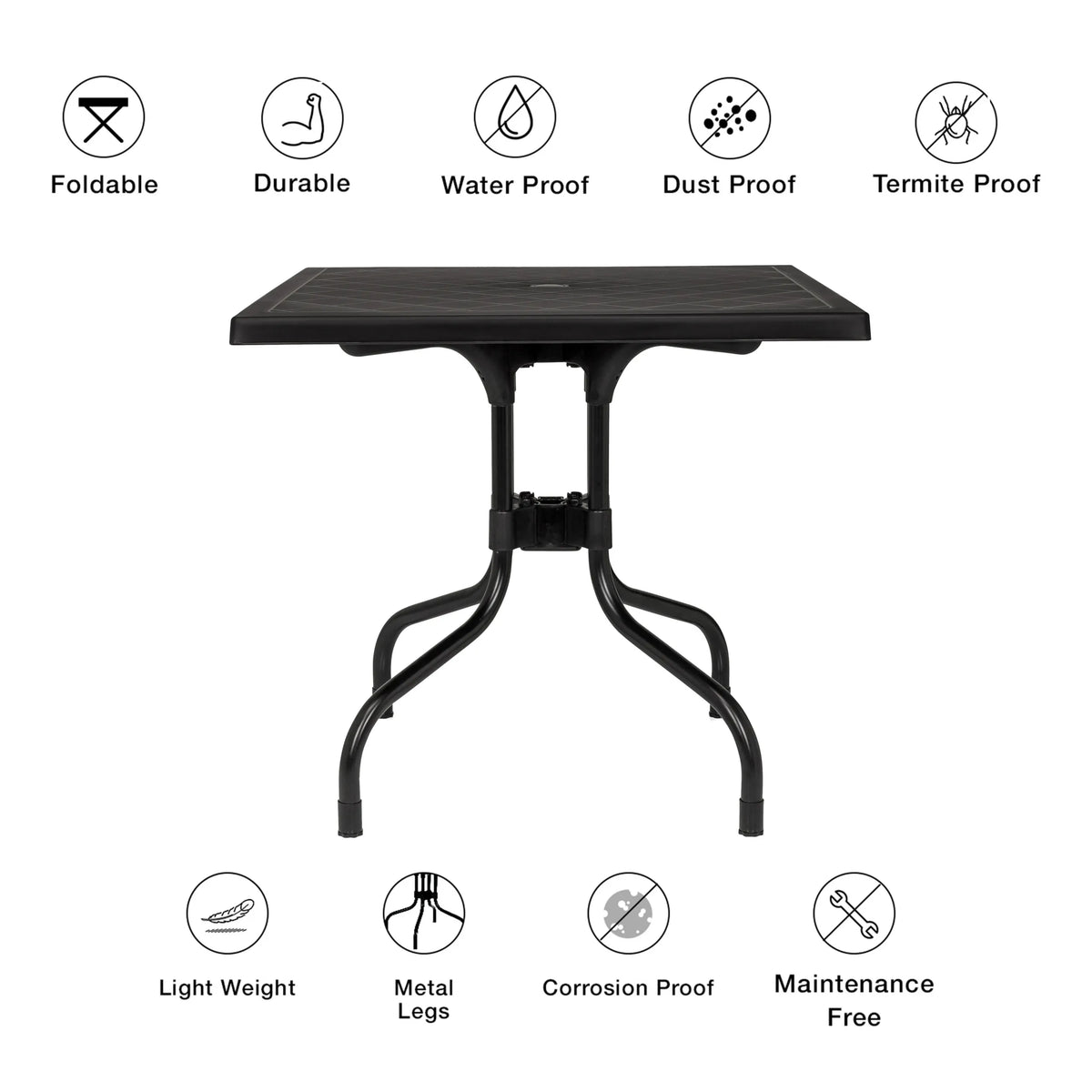 Table pliante TRAVANO T1 noire avec pieds en métal et symboles des propriétés du matériau et des fonctions de hjh LIVING