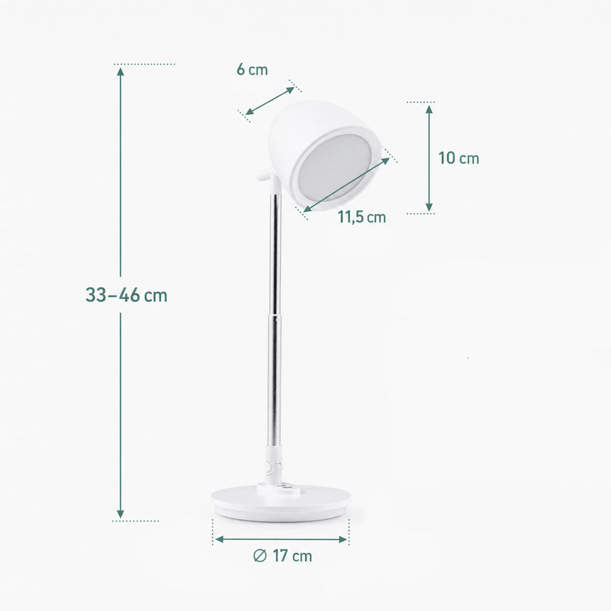 Dessin technique de la lampe de bureau Lumanova D3 avec une hauteur de 33–46 cm et un pied de 17 cm de hjh OFFICE