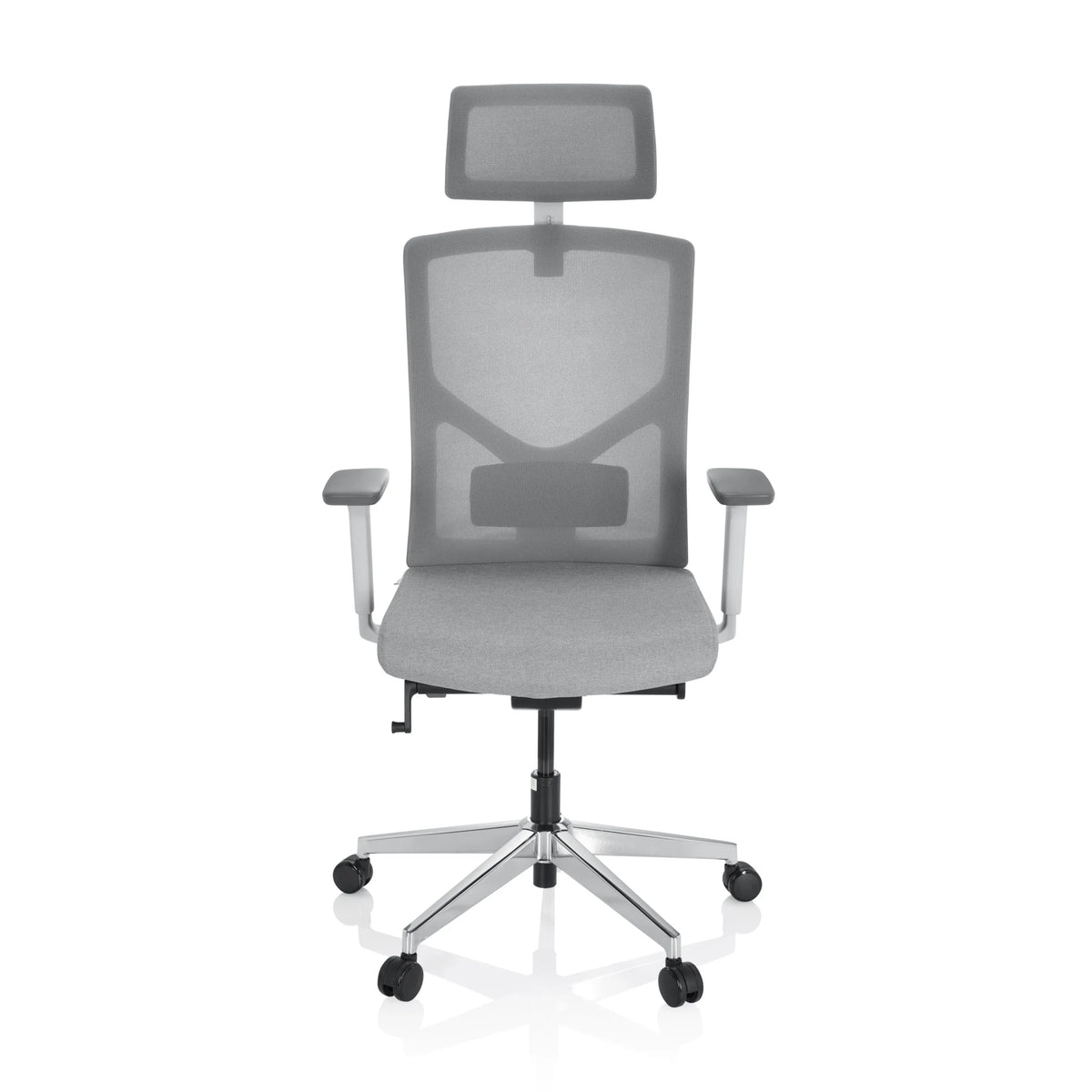 Siège de bureau de qualité professionnelle BRETON PRO W gris avec dossier en maille, appui-tête et piètement à cinq roulettes de hjh OFFICE – vue à 360° (vue de face 0°)