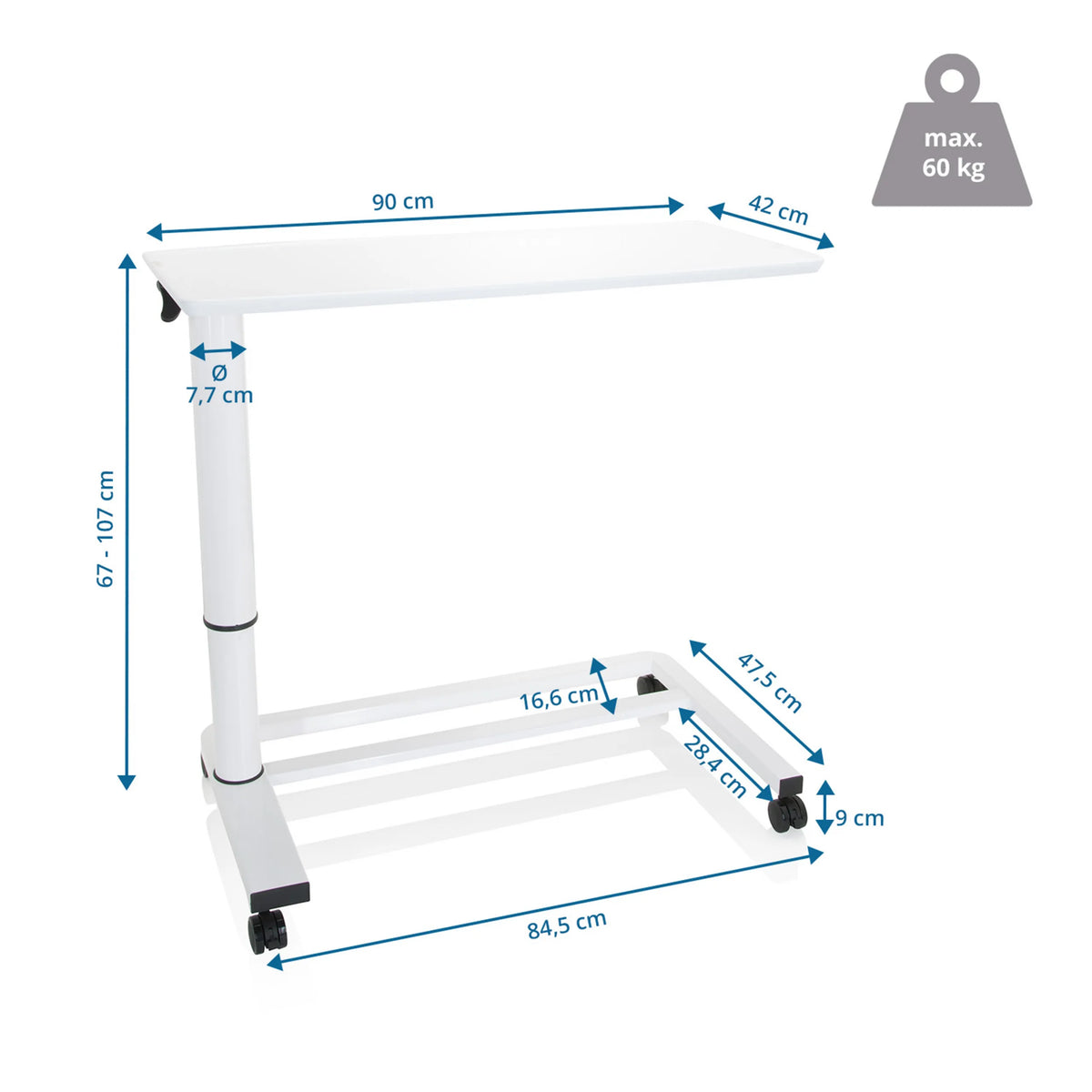 Dessin technique du Bureau assis-debout STAND II avec un plateau de 90 × 42 cm de hjh OFFICE